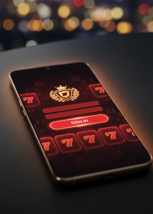Bitking Casino login interface showing secure fields for email and password on a mobile device, with a background of vibrant casino games.